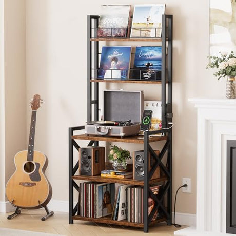 Epouseter Record Player Stand with Power Outlet, 5-Tier Vinyl Record Storage Rack with Turntable Stand, LP Album Organizer & Display Rack, Media Storage Cabinet for Living Room Bedroom Music Corner Epouseter