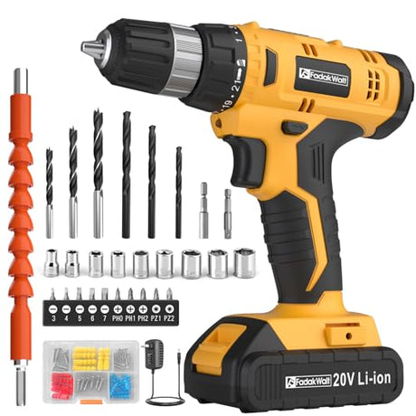 FADAKWALT Cordless Drill Set, 20V Electric Power Drill with Battery And Charger, Torque 30N, 21+1 Torque Setting, 3/8-Inch Keyless Chuck, Drill Driver Bits Kit, with LED Electric Drill Set. （Yellow) FADAKWALT