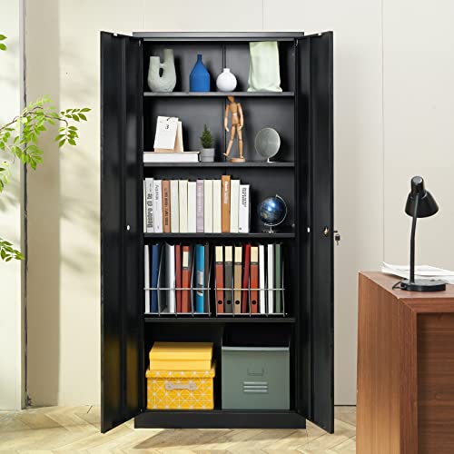 VEVOR Steel Locking Storage 2 Magnetic Doors and 4 Adjustable Shelves, 71'' Metal Cabinet 200 lbs Capacity per Shelf with 3 Keys, for Office, Home, Garage, Black - WoodArtSupply