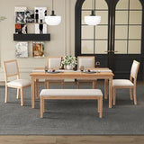Merax Farmhouse Wooden Dining Set of 6, 72 Inch Extendable Kitchen Table, 4 Chairs with Backrest, 2-Person Bench with Cushion, Rustic Kitchen Table Set w/Retro Carved Legs Natural Wood Wash Merax
