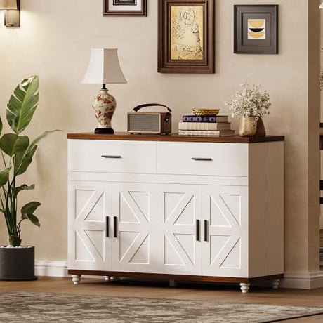 IRONCK Farmhouse 47.2" Sideboard Buffet Cabinet, White Coffee Bar Cabinet with 2 Drawers & Doors, Credenza Storage Cabinet for Kitchen, Living Room or Entryway IRONCK