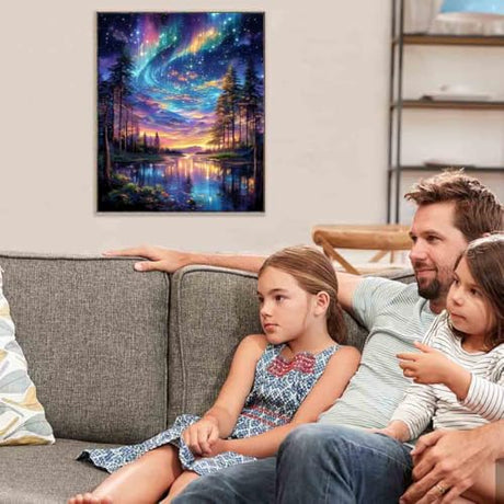 Starry Night Stamped Cross Stitch Kits for Adults - Lake Tree Embroidery Kits for Beginners Adults,11 CT Patterns Dimensions Counted Cross Stitch Kits for Adults Arts Craft 12x16 inch Tiwabb