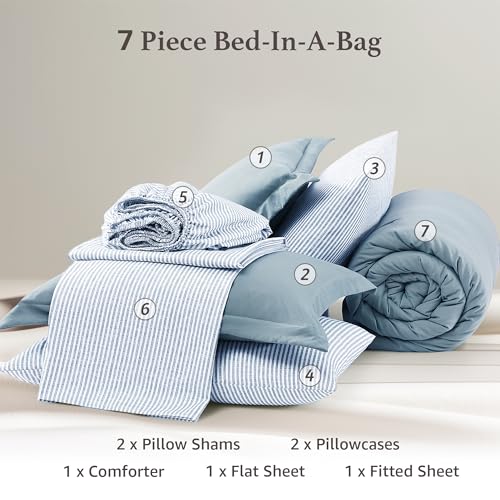 Monbix Full Size Comforter Set - 7 Pieces Dusty Blue Prewashed Bed in a Bag Full Bedding Sets with Comforters, All Seasons Ultra Soft Comforter Bed Set with Sheets,Pillowcases & Shams Monbix