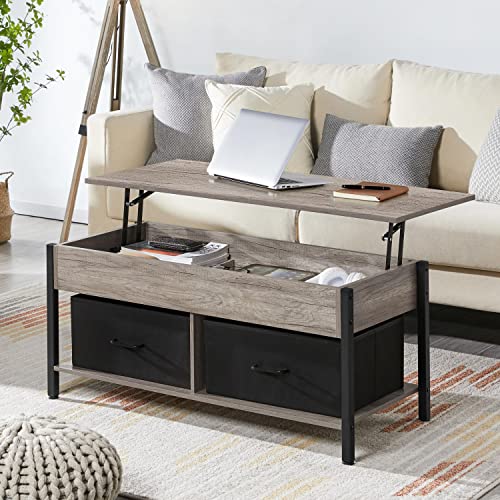 Yaheetech Lift-top Coffee Table with 2 Fabric Baskets & Hidden Storage Compartment, Raisable Top Coffee Table Industrial Center Table with Shelf for Living Room, Gray - WoodArtSupply