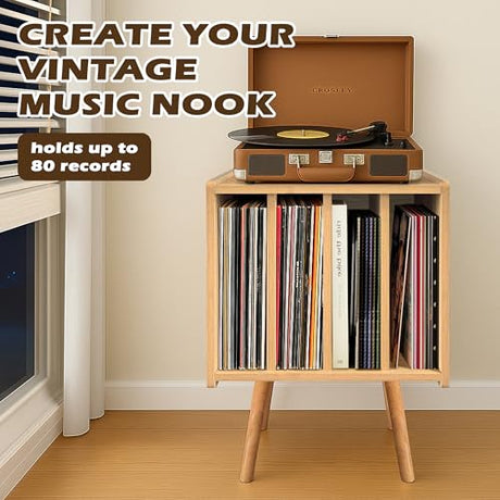 Record Player Stand, Vinyl Record Storage Table with 4 Cabinet, Mid Century Modern Turntable Stand, Organizer Vinyl Table for Bedroom Living Room, Oak Montex