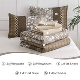 WONGS BEDDING Brown Comforter Set Queen, 7 Pieces Bed in a Bag Floral Patchwork Soft Microfiber Queen Sheet Set with Comforter, Flat Sheet, Fitted Sheet, Pillow Shams,Pillowcases WONGS BEDDING