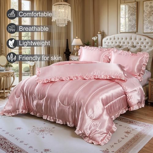 Satin King Comforter Set Silk Like Satin Bedding Set Hotel Soft Polyester Pink Bed Set Luxury Silky Pillow Cover with Quilt Set Ruffle Down Comforter Home Decor Bedding_Dreamer