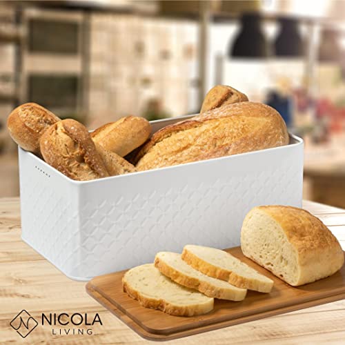 White Bread Box For Kitchen Countertop With Bamboo Wood Cutting Board Lid - Farmhouse White Metal Large Bread Box Modern Style To Extend Freshness - Bread Storage Container