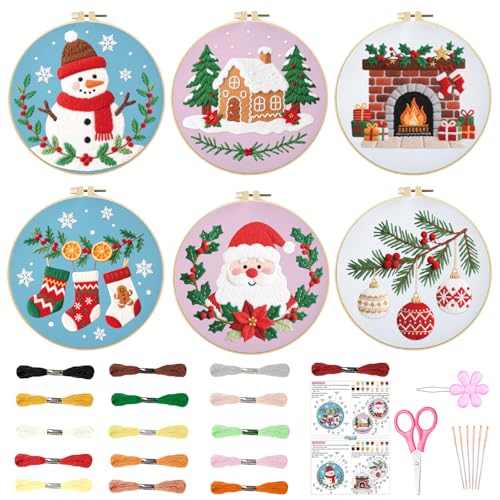 ORIGACH 6 Pcs Christmas Embroidery Kit for Beginners, Stamped Design Embroidery Starter Kit Includes Cloth, Hoops, Threads & Needles