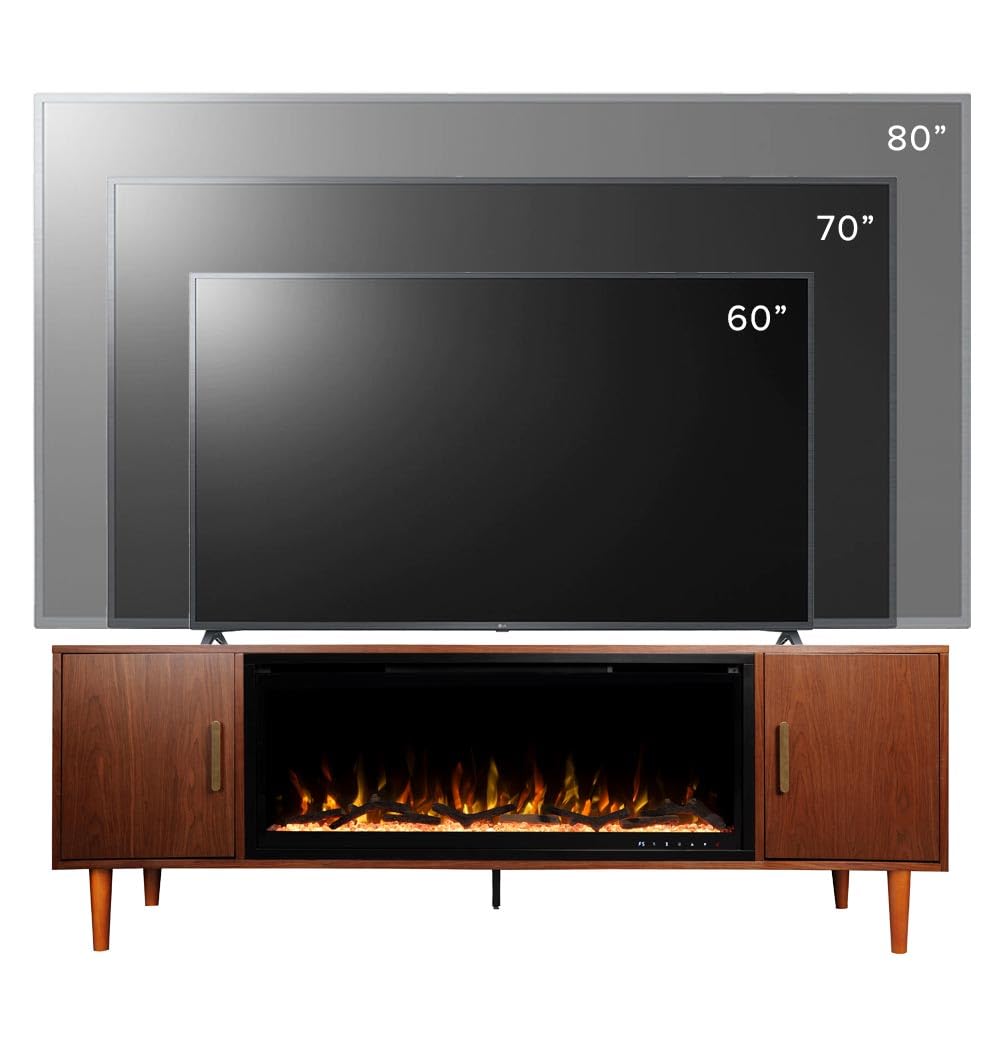 Modern Ember Marcel 72-in Smart Electric Fireplace TV Stand | 42” Firebox Heater | Multi-Flame Colors | Remote, Wi-Fi App, Alexa & Google | Fits TVs up to 80” | Warm Walnut with Brass Handles Modern Ember