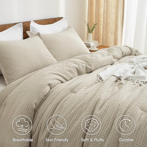PHF Ultra Soft Waffle Weave Comforter Set King Size, 3 Pieces Lightweight Breathable Comfy Bedding Set, Comfy Textured 1 Comforter with 2 Pillow Shams, Linen PHF