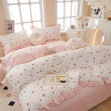 HighBuy Strawberry Print Comforter Set Twin XL Cute Fruit Bedding Set Ruffle Comforter with 2 Pillowcases Fluffy Reversible College Girl Bedding Comforter Set for All Seasons HighBuy