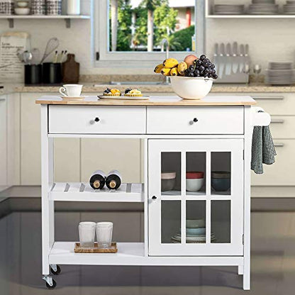 ChooChoo Rolling Kitchen Island, Portable Kitchen Cart Wood Top Kitchen Trolley with Drawers and Glass Door Cabinet, Wine Shelf, Towel Rack, White