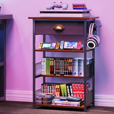 Hongtamoya 4-Tier AV Media Stand with Drawer, Video Game Console Shelf with 2 Hooks, Audio Rack Tower Perfect for/Xbox/ PS5/Switch/Game Consoles/DVD/Record Player/Projector/Sky Box/TV Accessories Hongtamoya
