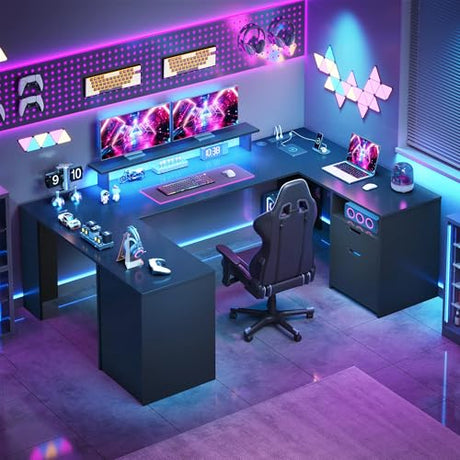 YITAHOME U Shaped Desk with Power Outlet & LED Lights, Computer Desk with Drawers, Wood Desk Home Office Desk with Monitor Stand & ５ Cubbies Storage Shelves, Black Carbon Fiber YITAHOME