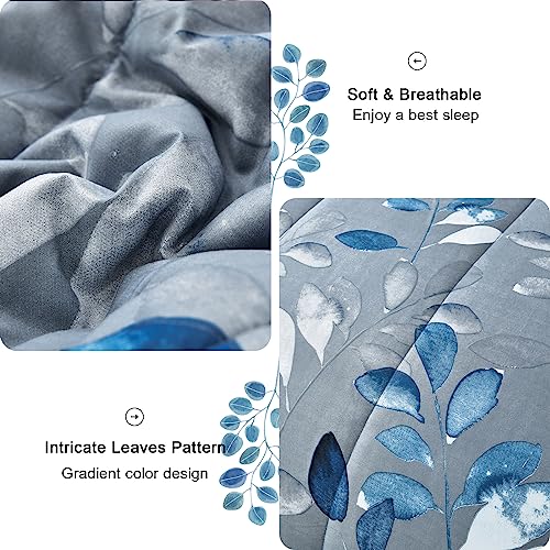 Anibedding Blue Comforter Set Queen Size 7 Piece Navy Botanical Gradient Leaves Ultra Soft Microfiber Down Alternative Bedding Set Lightweight Reversible Bed Comforter Set for All Season 90" x 90" Anibedding