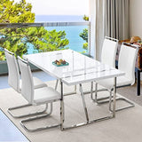 Dining Table Set for 4，White Rectangular MDF Kitchen Table and Leather Dining Chairs Set of 4, 5 Piece Dining Table Set，Modern Metal Frame Dining Room Table Set 4 with Metal Frame For Kitchen Ebullient