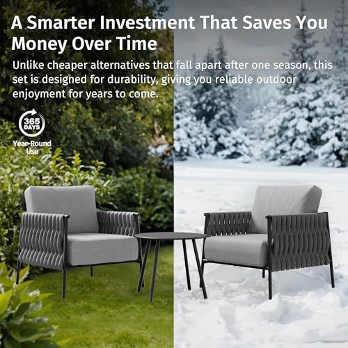 EAST OAK 3-Piece Patio Furniture Set | Armchairs & Coffee Table | Outdoor Furniture with Cushions | Deep Seating Modern Conversation Set | Garden, Porch, Balcony & Backyard | Misty Grey EAST OAK