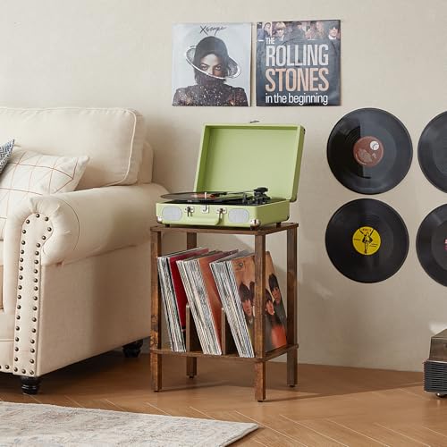 LELELINKY 2-Tier Record Player Stand with Vinyl Record Storage up to 100 Albums, Bedroom Record Holder and Multi-Functional End Table for Living Room, Brown LELELINKY
