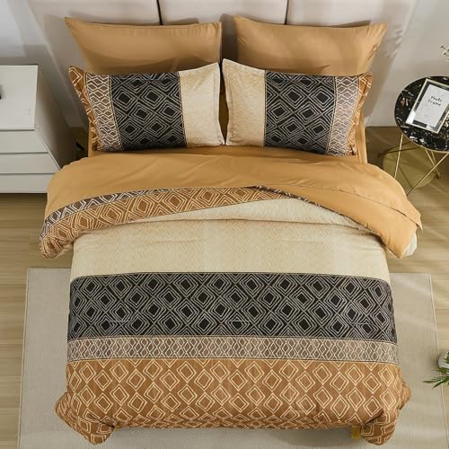 Dinjoy Boho Queen Comforter Set Brown,7 Piece Bed in a Bag Queen Size Warm Fall Bedding Sets Striped Comforters Bed Set with Sheets for Family All Season Dinjoy