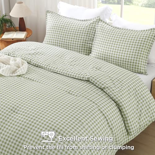 Andency Sage Gingham Comforter Set Full(79x90Inch), Green Checkered Grid Plaid Buffalo Bed Set for Girls Boys Kids Teens, 3 Pieces Lightweight Microfiber Geometric Preppy Bedding Andency