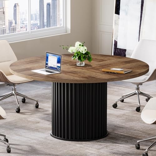 Tribesigns 47-Inch Round Conference Table, Meeting Table for 4-6 People, Small Office Desk with Sturdy MDF + Metal Base, Perfect for Conference Room or Small Workspaces, Brown + Black Tribesigns