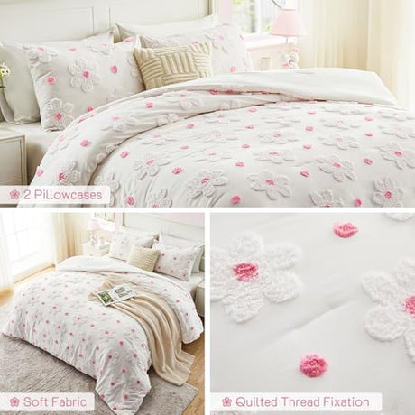 CotComf Twin Comforter Set for Girls 2 Pieces Tufted Daisies Flowers Twin Size Pink Floral Bedding Set Cute Comforter Set for Kids, Lightweight Bed Set for Kids Teen Girls Women CotComf