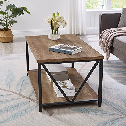 FOLUBAN Rustic Coffee Table with Storage Shelf, Vintage Wood and Metal Cocktail Table for Living Room, Oak - WoodArtSupply