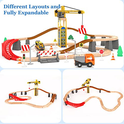 Giant bean Tower Crane Wooden Train Set, 72pcs Toy Battery Operated Train Track for Boys and Girls 3-7, Fit Thomas The Train, Brio, Melissa & Doug - WoodArtSupply