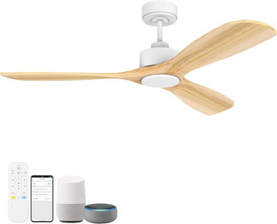 Hoenofly 52” Wood Smart Ceiling Fans with Lights Remote,Quiet DC Motor,Outdoor Indoor Ceiling Fan,Voice Control via WIFI Alexa App,Dimmable,Modern Light Wood Ceiling Fan for Bedroom Patio Porch