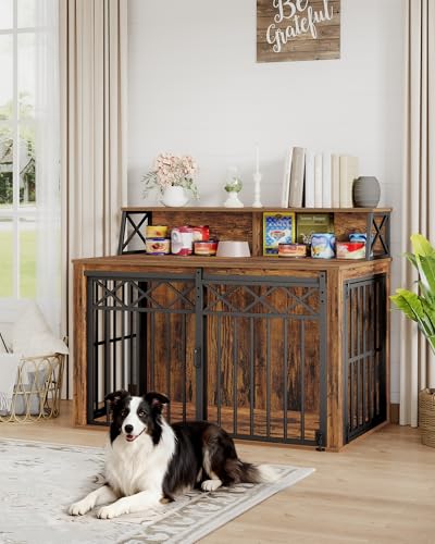 Hzuaneri 39.4'' Dog Crate Furniture, Large Wooden Dog Crate with Storage and 3 Doors, Indoor Kennel for Medium/Large Dogs, End Table with Barn Door, Chew-Proof and Escape-Proof, Rustic Brown DFC87401B Hzuaneri