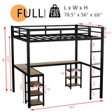 Full Size Loft Bed with Desk and Storage Shelves, Heavy Duty Metal Loft Bed with L-Shaped Desk and Ladder, Full Size Loft Bed for Kids, Teens, Black Loft Bed Full Size Bellemave
