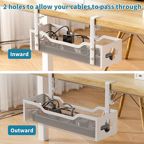 Under Desk Cable Management Tray No Drill, 13.38'' Metal Tray with Clamp for Wire Management, Litwaro Cord Organizer Home Office Damage to Standing Desk, White Litwaro