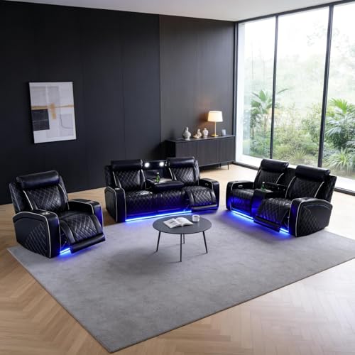 Saxum Tegmen 3 Pieces Power Reclining Sofa Set, Leather Recliner Couch Sets for Living Room Furniture, Sectional Sofa with LED Lights for Home Theater/Living Room/Office (Black, 3PCS Set)