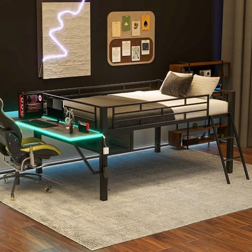 Urunqi Full Size Metal Loft Bed with Integrated Gaming Desk and Storage Solutions for Kids and Teens - WoodArtSupply