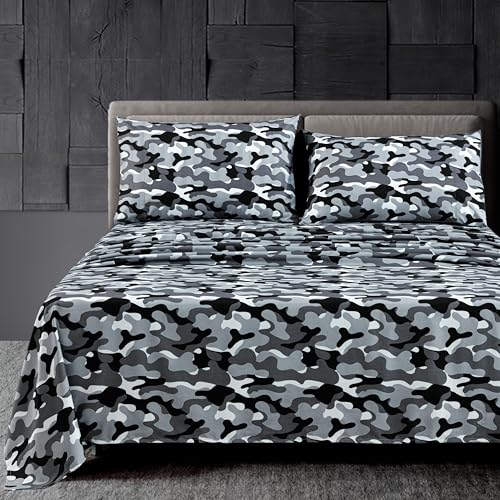 Chezmoi Collection Military Camo 4-Piece Sheet Set - Camouflage Black Gray Printed Microfiber Soft Breathable Deep Pocket Sheets and Pillowcases Set, Full XL Size Chezmoi Collection