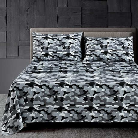 Chezmoi Collection Military Camo 4-Piece Sheet Set - Camouflage Black Gray Printed Microfiber Soft Breathable Deep Pocket Sheets and Pillowcases Set, Full XL Size Chezmoi Collection