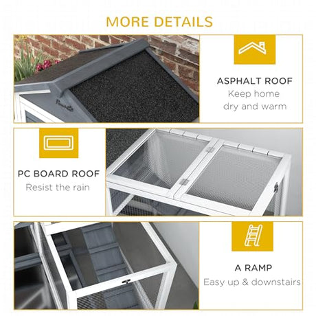 PawHut 65" Wooden Rabbit Hutch, Guinea Pig Hutch, Pet Playpen with Openable Roof, Bunny House Enclosure with Wheels, Storage Box, Slide-Out Tray, Ramp for Small Animals, Gray PawHut