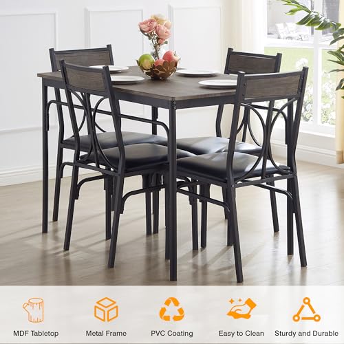 VECELO Dining Table Set for 4, Kitchen Table Set with 4 Chairs for Small Space, Space-Saving and Modern Design, Apartment, Easy to Assemble, Retro Brown VECELO