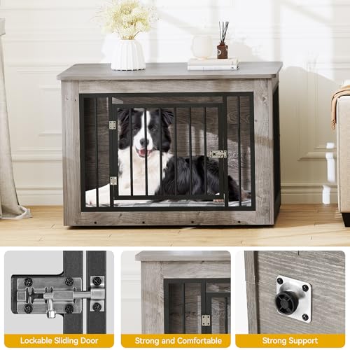 DWVO Dog Crate Furniture, 38 Inch Dog Kennel Indoor Furniture End Table for Dogs, Farmhouse Decorative Wooden Cage, Chew-Resistant, Grey DWVO