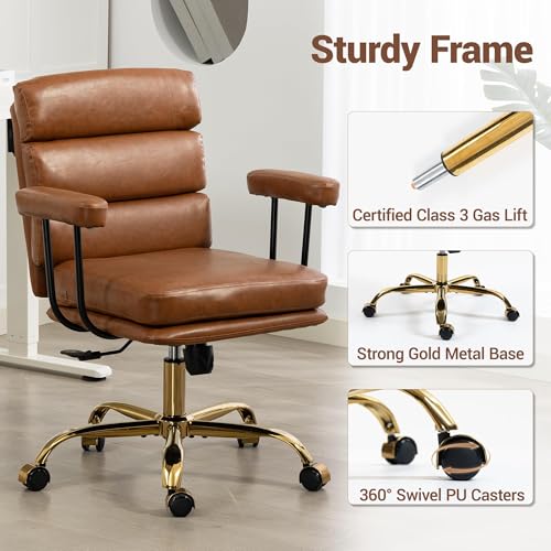 WiNVO Faux Leather Home Office Desk Chair, Gold Base Makeup Vanity Chair with Wheels, Padded Seat and Armrests, Adjustable Height Swivel Executive Computer Chair, Brown WiNVO