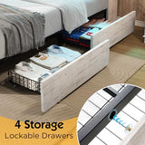 LUXOAK King Farmhouse Bed Frame with Bookcase Headboard and 4 Drawers, LED Storage Bed with Charging Station & Linen Upholstered, No Box Spring Needed, Distressed White LUXOAK