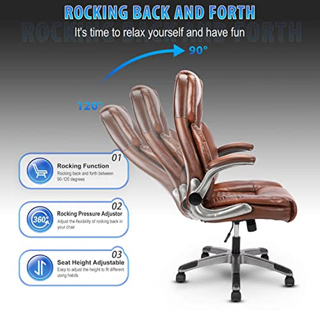 REFICCER Brown Leather Office Chair with Flip up Arms, High Back Ergonomic Executive Office Chairs with Wheels, 90-120° Rocking Office Desk Chair with Lumbar Support, Swivel Task Chairs REFICCER