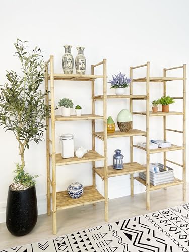 Natural Rattan Bamboo Handcrafted 4-Tier Bookcase with 11 Open Shelves - WoodArtSupply