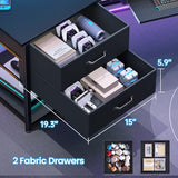 Itaar 79" Gaming Desk with 2 Fabric Drawers, Long Computer Desk with Power Strip & LED Lights, U Shaped Desks with Storage and Cup Holder, Large Gaming Table for Bedroom, Carbon Fiber Black Itaar