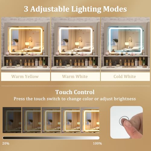 LOKO Farmhouse Vanity Set with Mirror & Lights, Dressing Table and Chair Set with 3 Lighting Modes & Adjustable Brightness, Charging Station & Hair Dryer Holder, Jewelry Cabinet, for Bedroom LOKO