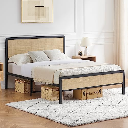 Amyove Boho Queen Bed Frame with Natural Rattan Headboard and Footboard Amyove