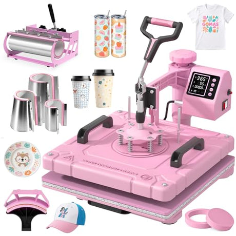 Slendor 8 in 1 Heat Press Machine 15x15 inch 360-Degree Swing Away Digital T Shirt Pressing Machine Multifunction Heat Transfer Sublimation Combo for T Shirts Mugs Hat Plate Cap,Pink Slendor