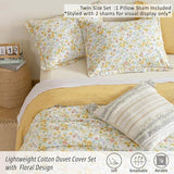 100% Natural Cotton Duvet Cover Twin Size 2Pcs - Yellow Duvet Cover with Pink & Green Flowers and Leaves on White,Reversible Floral Comforter Cover Sets with Button Closure(68"×90"，1 Pillowsham） ALEISSEL