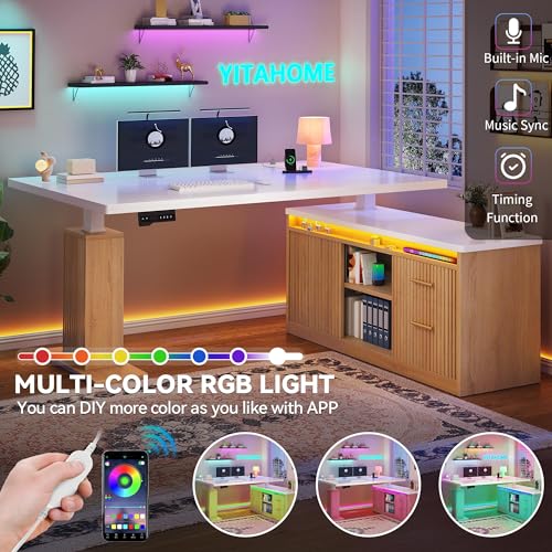 YITAHOME L Shaped Standing Desk with Power Outlets & LED Lights, 63" Electric Standing Desk Adjustable Height Sit Stand Corner Standing Desks with Drawers & Sliding Door, High-Gloss White+Natural Oak YITAHOME